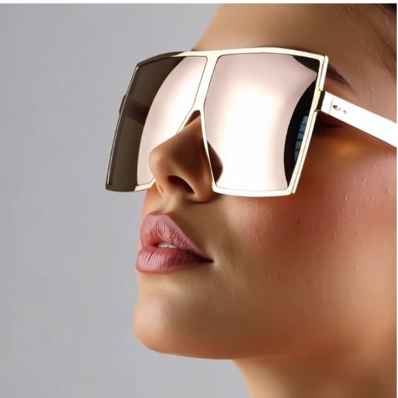 Oversize Vintage Retro Shield Style SUN GLASSES XL Square Gold Frame Pink Lens - Picture 8 of 10